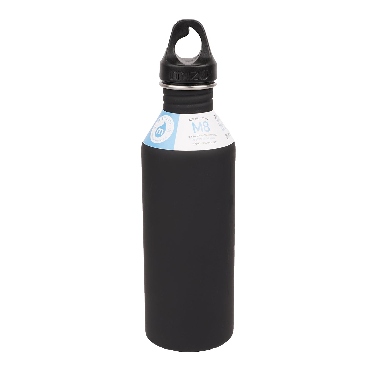 800 ml single wall stainless steel bottle with a black loop cap.  The M8 stainless steel bottle from Mizu has the perfect size and will fit perfect in your car or in your sports bag.