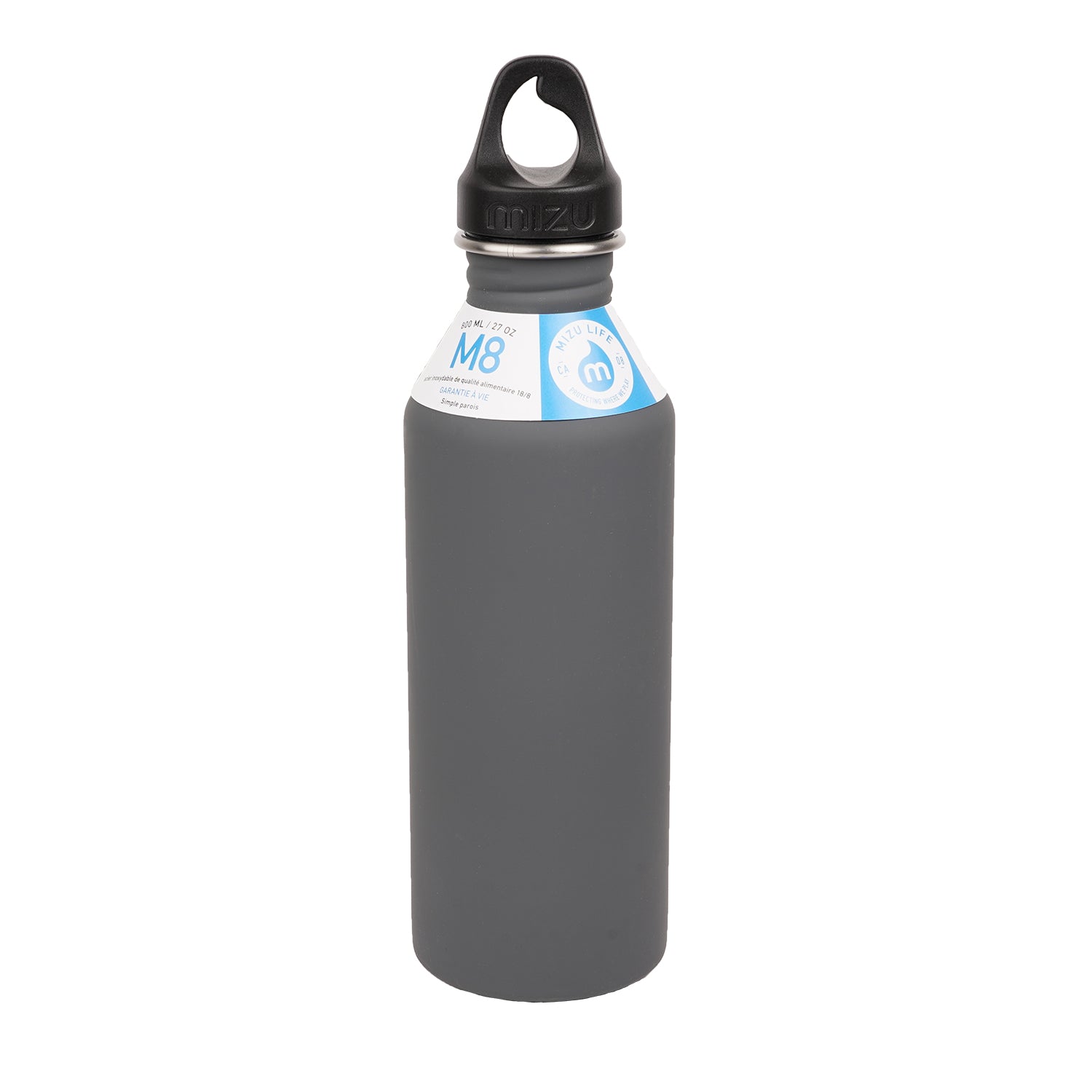 800 ml single wall stainless steel bottle with a black loop cap.  The M8 stainless steel bottle from Mizu has the perfect size and will fit perfect in your car or in your sports bag.