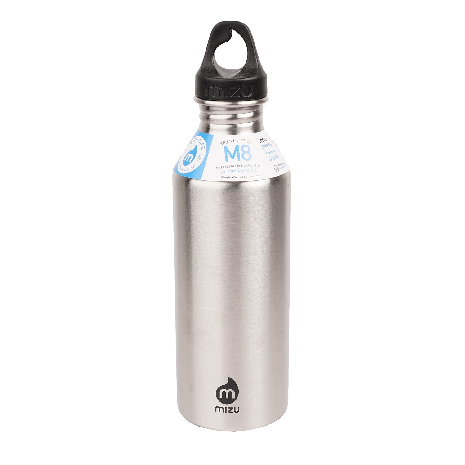 800 ml single wall stainless steel bottle with a black loop cap.  The M8 stainless steel bottle from Mizu has the perfect size and will fit perfect in your car or in your sports bag.