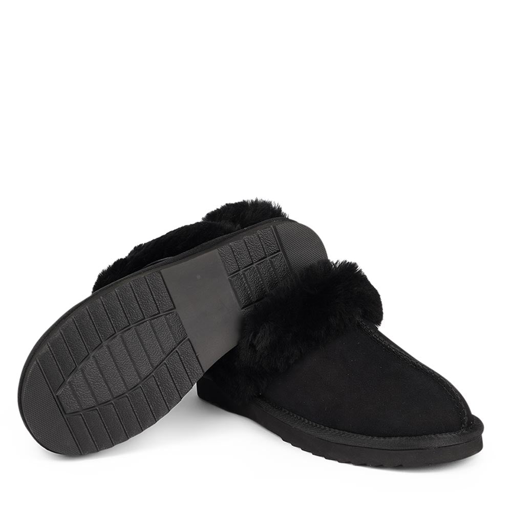 Lovelies Studio - Ombo - Black. Double faced shearling mules with detachable heel strap  Lovelies shearling mules will bring softness and warmth to your feet this summer. The combination of soft curly shearling and the durable rubber sole guarantees the utmost comfort to the wearer.