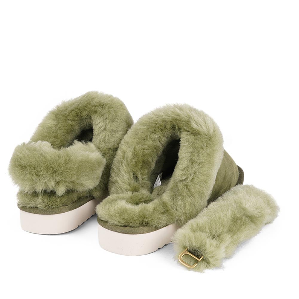 Lovelies Studio - Ombo - Greenlake. Double faced shearling mules with detachable heel strap  Lovelies shearling mules will bring softness and warmth to your feet this summer. The combination of soft curly shearling and the durable rubber sole guarantees the utmost comfort to the wearer.