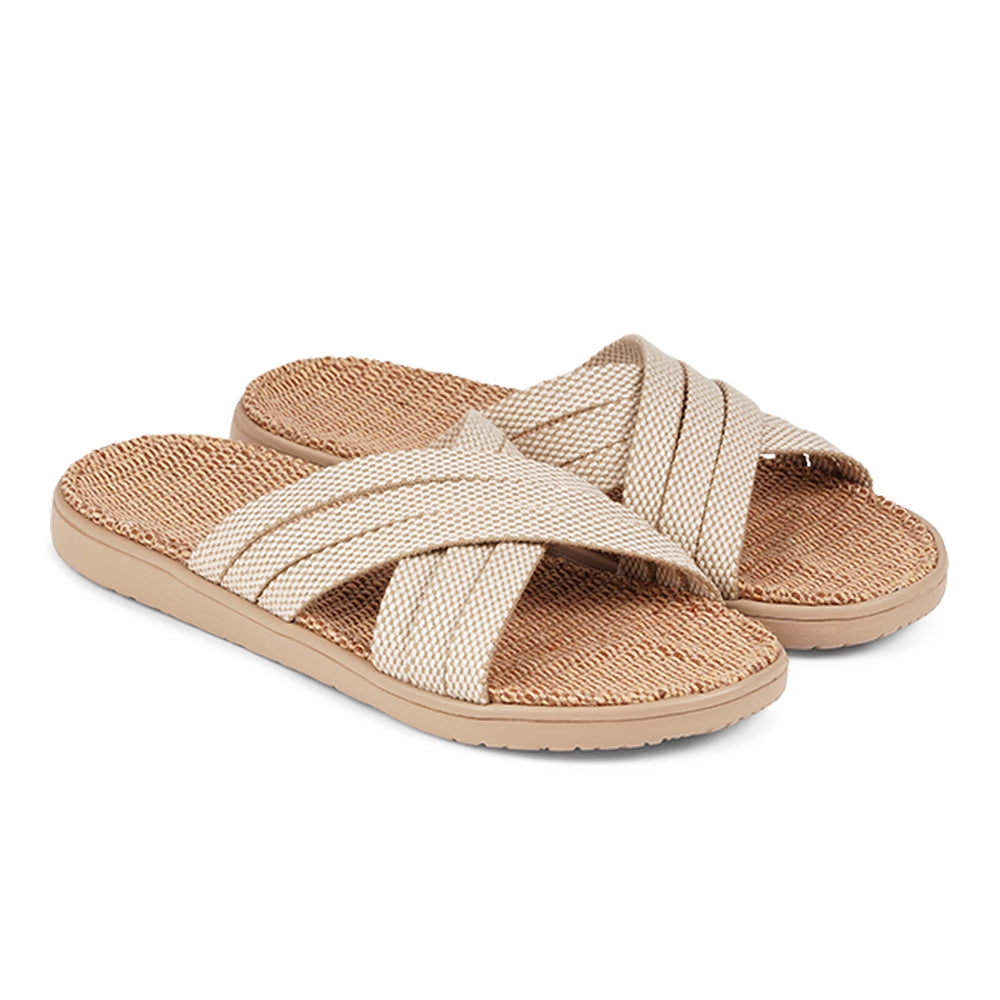Lovelies Studio Denmark - The beautiful slip-on sandal with soft rubber sole which is covered in natural jute. The 6 crossing straps are woven in cotton. Laid back, feminin and styles sandal, designed in Denmark. The sandal is light and very comfortable to wear. Today we're selling sandals in more than 25 countries. We hope that you will fall in love with lovelies.