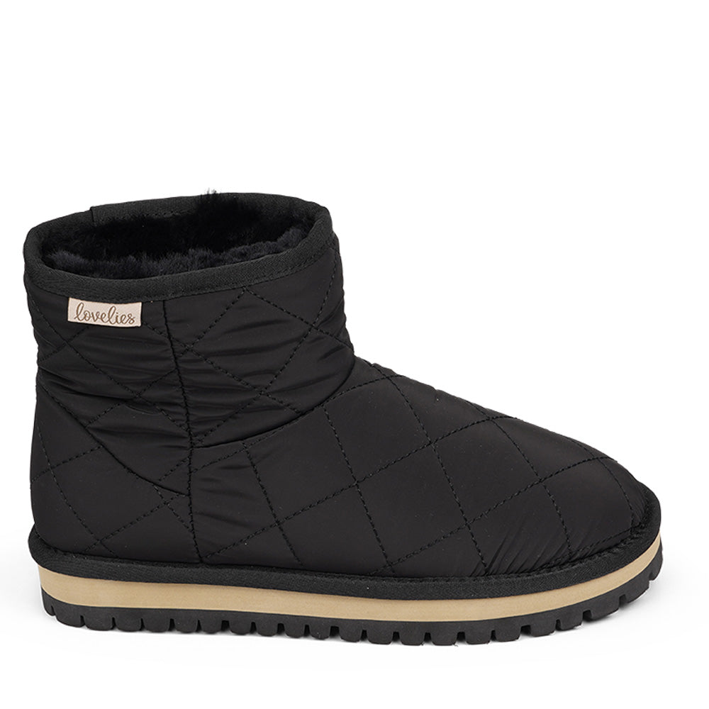 Lovelies Studio Nylon ankle boots with shearling lining. The shearling lining bring softness and warmth to your feet this autumn. With soft and durable rubber soles plus a gorgeous design you're perfectly suited for the wintertime. The Quilted nylon is water resistant and all shearling is from Australia. Outsole / Insole : Rubber 3 cm high Footbed: Shearling Lining: Shearling Upper: Quilted nylon LWG Environmental GOLD RATED Certification