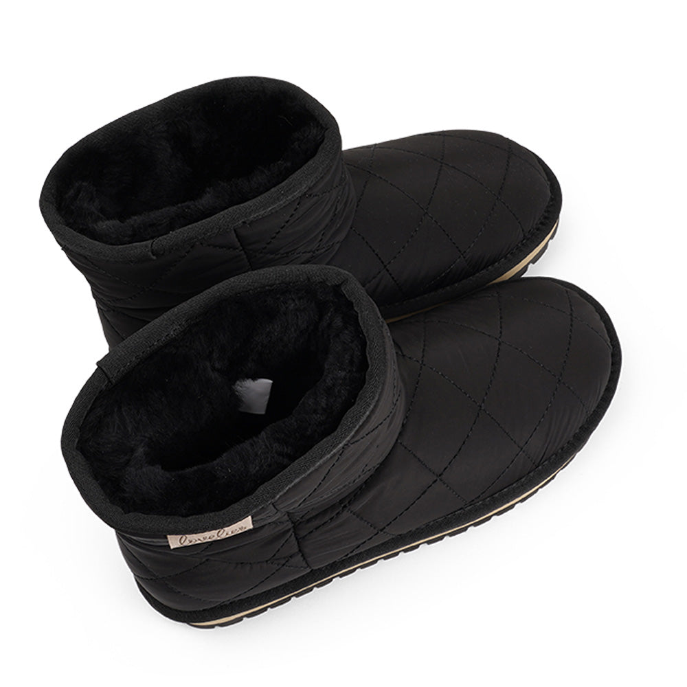 Lovelies Studio Nylon ankle boots with shearling lining. The shearling lining bring softness and warmth to your feet this autumn. With soft and durable rubber soles plus a gorgeous design you're perfectly suited for the wintertime. The Quilted nylon is water resistant and all shearling is from Australia. Outsole / Insole : Rubber 3 cm high Footbed: Shearling Lining: Shearling Upper: Quilted nylon LWG Environmental GOLD RATED Certification