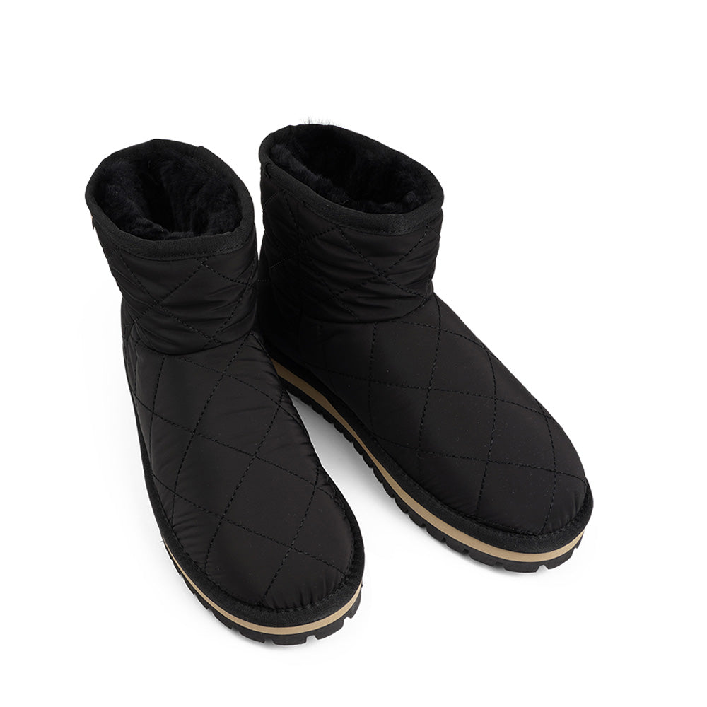 Lovelies Studio Nylon ankle boots with shearling lining. The shearling lining bring softness and warmth to your feet this autumn. With soft and durable rubber soles plus a gorgeous design you're perfectly suited for the wintertime. The Quilted nylon is water resistant and all shearling is from Australia. Outsole / Insole : Rubber 3 cm high Footbed: Shearling Lining: Shearling Upper: Quilted nylon LWG Environmental GOLD RATED Certification