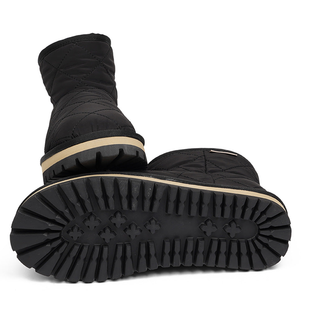 Lovelies Studio Nylon ankle boots with shearling lining. The shearling lining bring softness and warmth to your feet this autumn. With soft and durable rubber soles plus a gorgeous design you're perfectly suited for the wintertime. The Quilted nylon is water resistant and all shearling is from Australia. Outsole / Insole : Rubber 3 cm high Footbed: Shearling Lining: Shearling Upper: Quilted nylon LWG Environmental GOLD RATED Certification