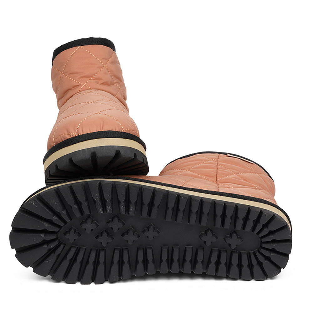 Lovelies Studio Nylon ankle boots with shearling lining. The shearling lining bring softness and warmth to your feet this autumn. With soft and durable rubber soles plus a gorgeous design you're perfectly suited for the wintertime. The Quilted nylon is water resistant and all shearling is from Australia. Outsole / Insole : Rubber 3 cm high Footbed: Shearling Lining: Shearling Upper: Quilted nylon LWG Environmental GOLD RATED Certification