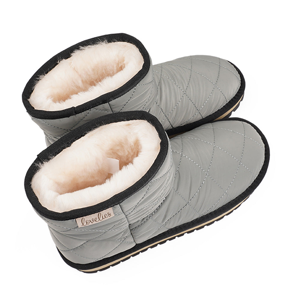 Lovelies Studio Nylon ankle boots with shearling lining. The shearling lining bring softness and warmth to your feet this autumn. With soft and durable rubber soles plus a gorgeous design you're perfectly suited for the wintertime. The Quilted nylon is water resistant and all shearling is from Australia. Outsole / Insole : Rubber 3 cm high Footbed: Shearling Lining: Shearling Upper: Quilted nylon LWG Environmental GOLD RATED Certification