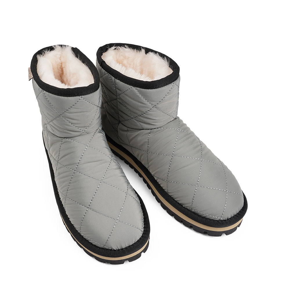 Lovelies Studio Nylon ankle boots with shearling lining. The shearling lining bring softness and warmth to your feet this autumn. With soft and durable rubber soles plus a gorgeous design you're perfectly suited for the wintertime. The Quilted nylon is water resistant and all shearling is from Australia. Outsole / Insole : Rubber 3 cm high Footbed: Shearling Lining: Shearling Upper: Quilted nylon LWG Environmental GOLD RATED Certification