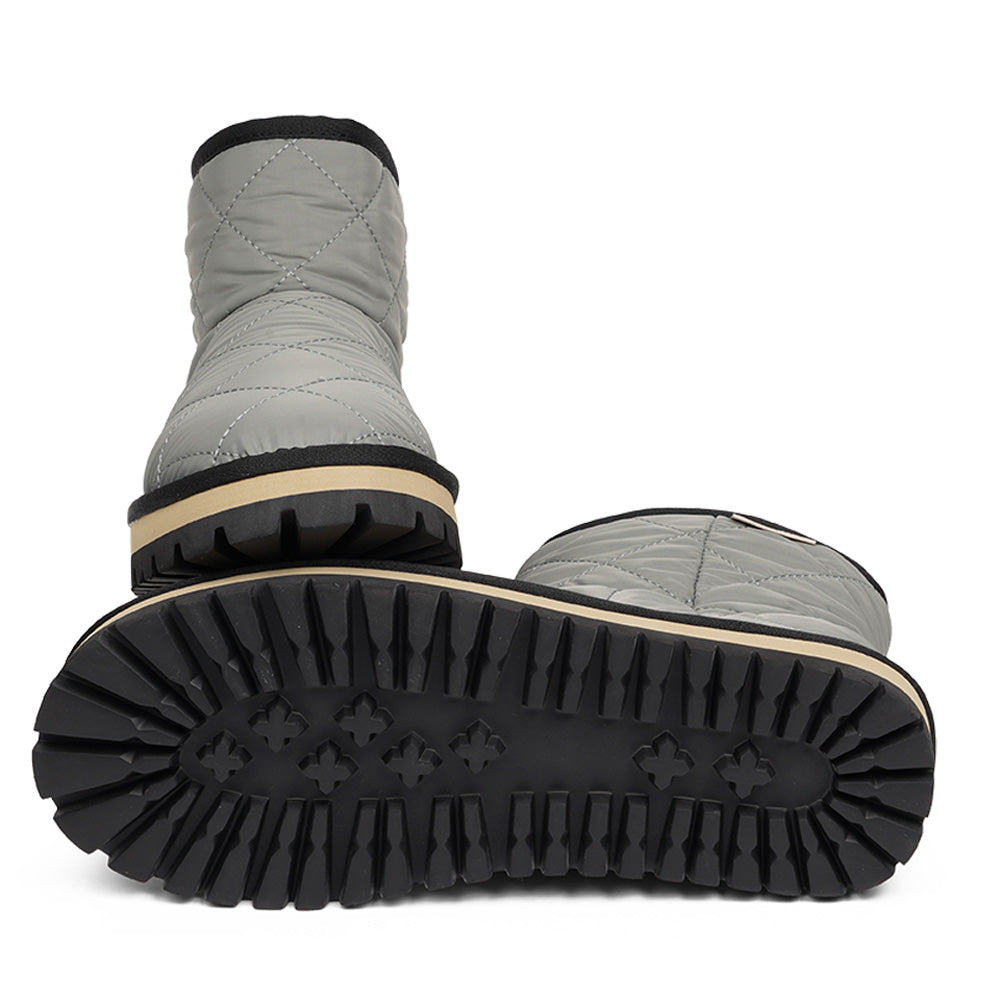 Lovelies Studio Nylon ankle boots with shearling lining. The shearling lining bring softness and warmth to your feet this autumn. With soft and durable rubber soles plus a gorgeous design you're perfectly suited for the wintertime. The Quilted nylon is water resistant and all shearling is from Australia. Outsole / Insole : Rubber 3 cm high Footbed: Shearling Lining: Shearling Upper: Quilted nylon LWG Environmental GOLD RATED Certification