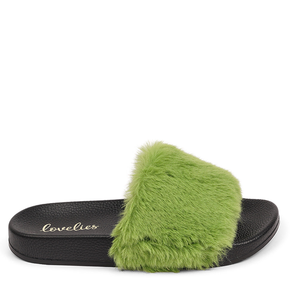 Lovelies Studio Denmark - Exclusive slides with faux fur. Beautiful and feminine faux fur slides. The soft rubber sole is light and very comfortable. We are proud member of 1% for the planet Enjoy your Lovelies Material: Sole : PU Rubber Lining: Cotton Upper: Faux fur Summer slides in black and pink