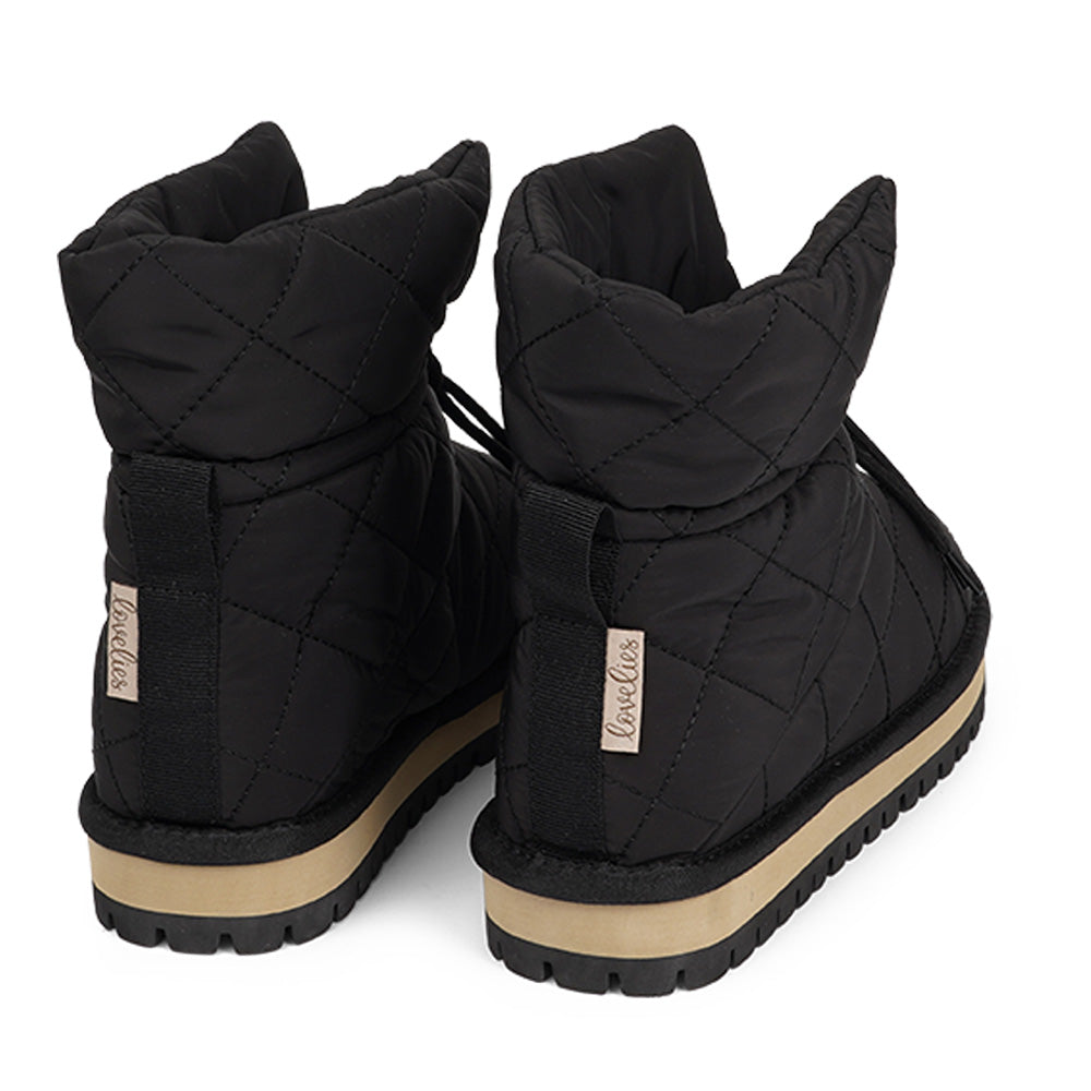 Lovelies Studio - Denmark Nylon ankle boots with shearling lining.  The shearling lining bring softness and warmth to your feet this autumn. With soft and durable rubber soles plus a gorgeous design you're perfectly suited for the wintertime. The Quilted nylon is water resistant and all shearling is from Australia. Outsole / Insole : Rubber 3 cm high Footbed: Shearling  Lining:  Shearling Upper: Quilted nylon LWG Environmental GOLD RATED Certification