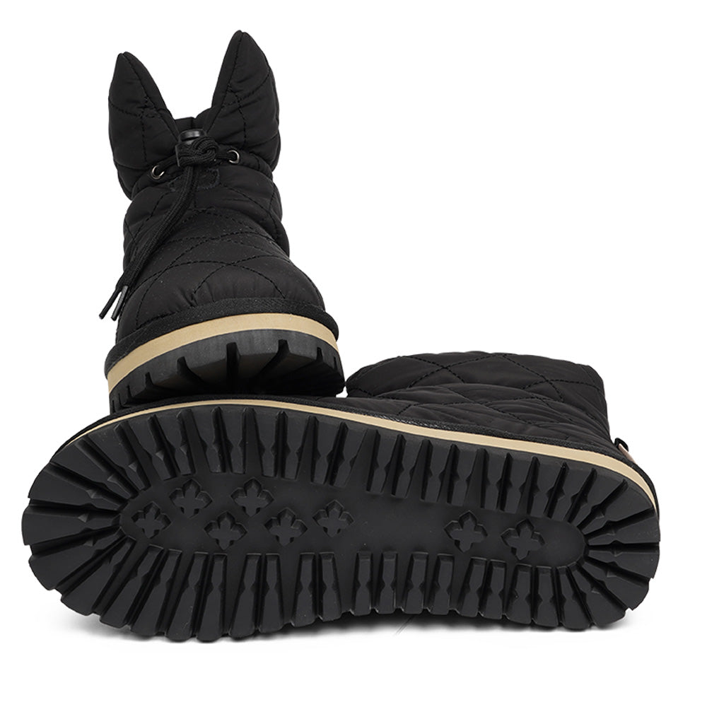 Lovelies Studio - Denmark Nylon ankle boots with shearling lining.  The shearling lining bring softness and warmth to your feet this autumn. With soft and durable rubber soles plus a gorgeous design you're perfectly suited for the wintertime. The Quilted nylon is water resistant and all shearling is from Australia. Outsole / Insole : Rubber 3 cm high Footbed: Shearling  Lining:  Shearling Upper: Quilted nylon LWG Environmental GOLD RATED Certification