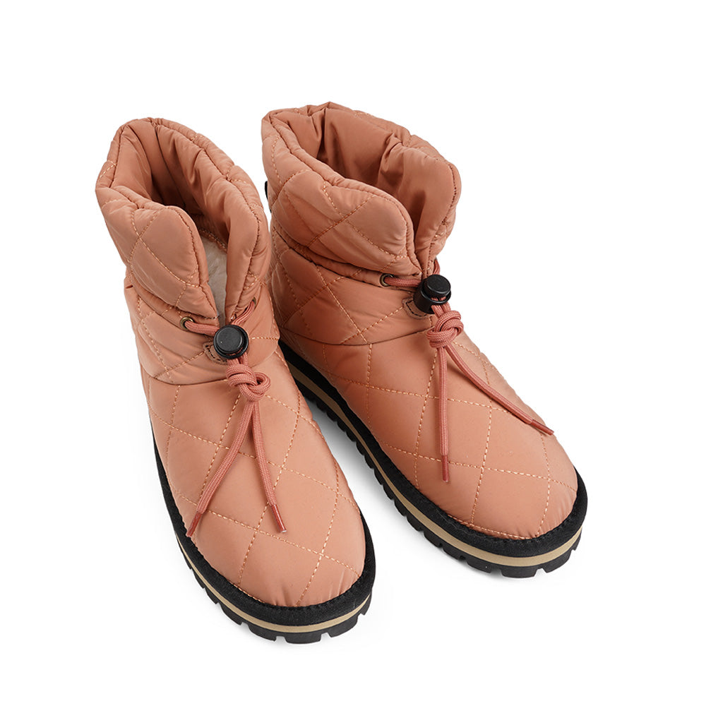 Lovelies Studio Nylon ankle boots with shearling lining. The shearling lining bring softness and warmth to your feet this autumn. With soft and durable rubber soles plus a gorgeous design you're perfectly suited for the wintertime. The Quilted nylon is water resistant and all shearling is from Australia. Outsole / Insole : Rubber 3 cm high Footbed: Shearling Lining: Shearling Upper: Quilted nylon LWG Environmental GOLD RATED Certification