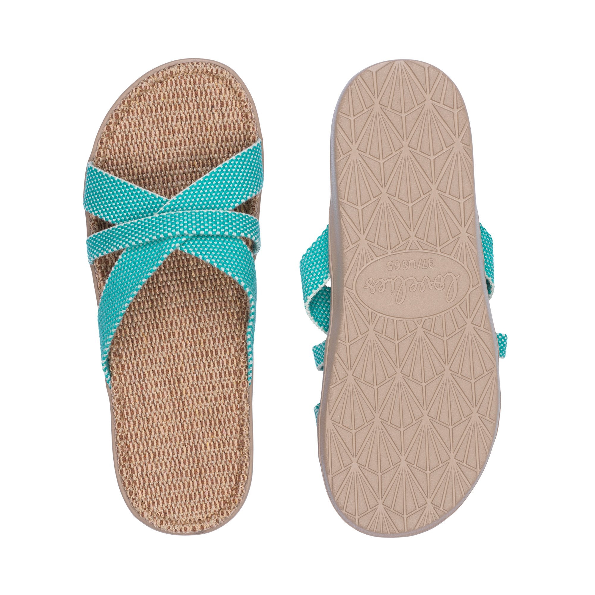 Sandal with woven cotton straps. The comfortable inner sole is covered with soft natural jute material.