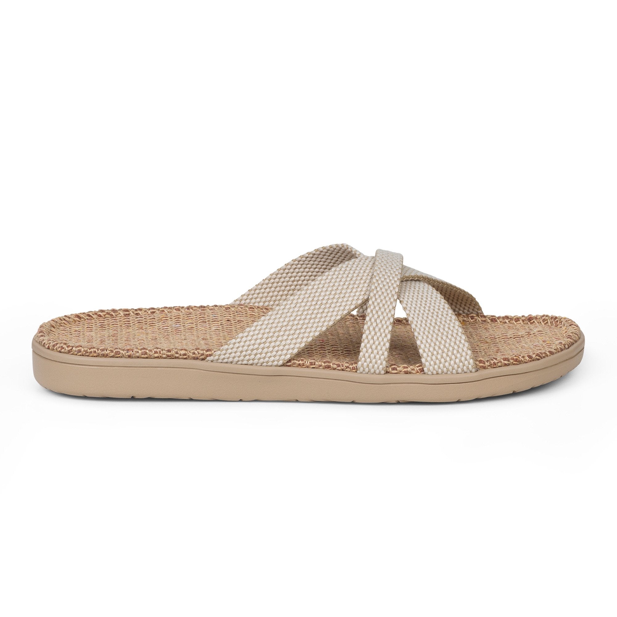 Sandal with woven cotton straps. The comfortable inner sole is covered with soft natural jute material.