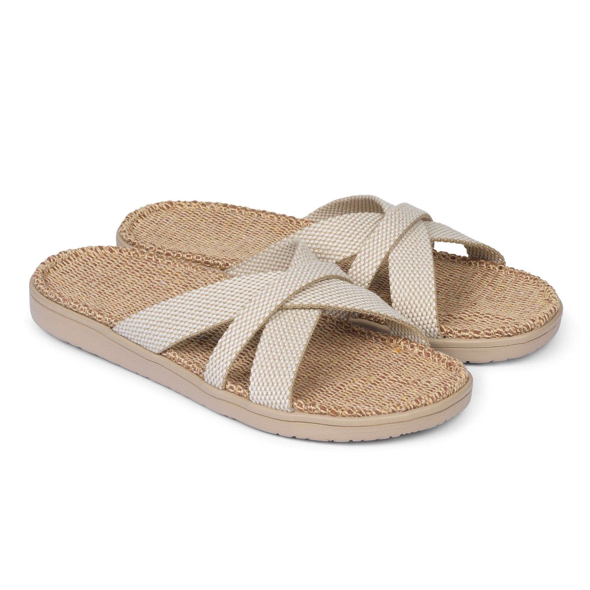 Sandal with woven cotton straps. The comfortable inner sole is covered with soft natural jute material.