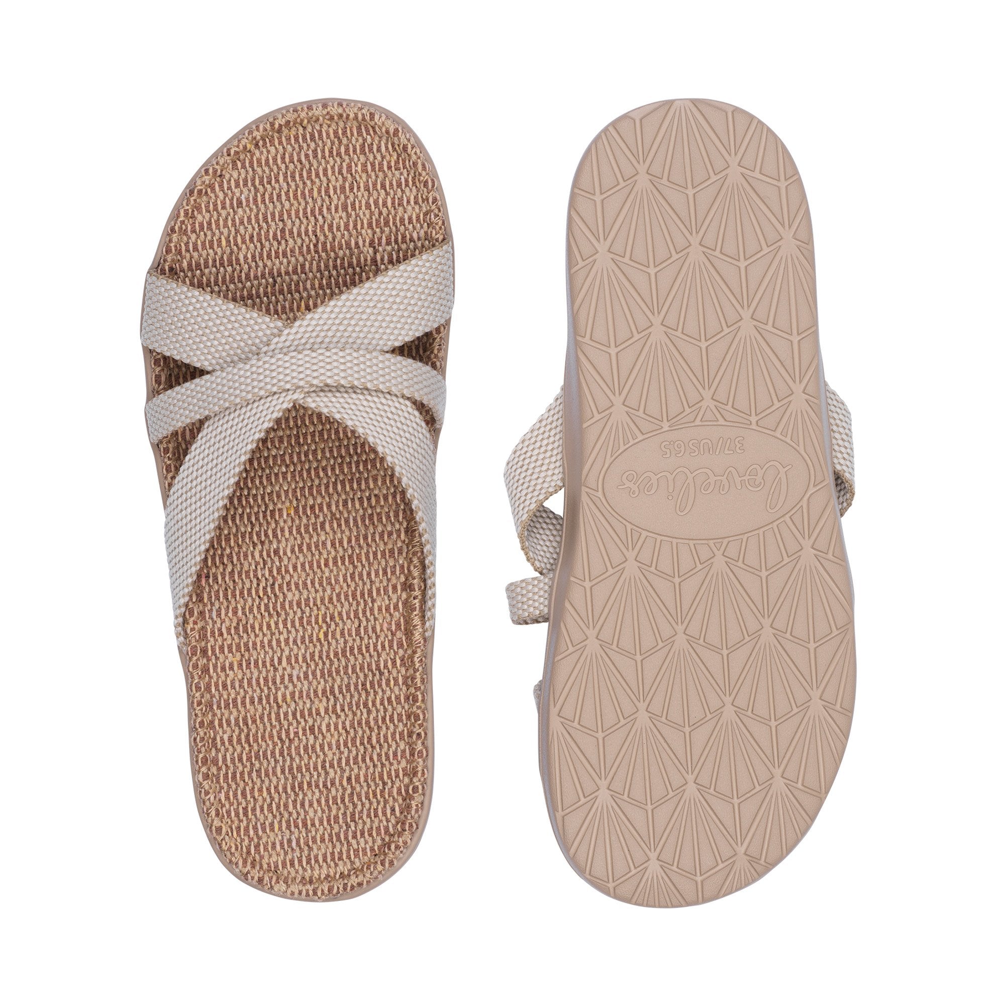 Sandal with woven cotton straps. The comfortable inner sole is covered with soft natural jute material.