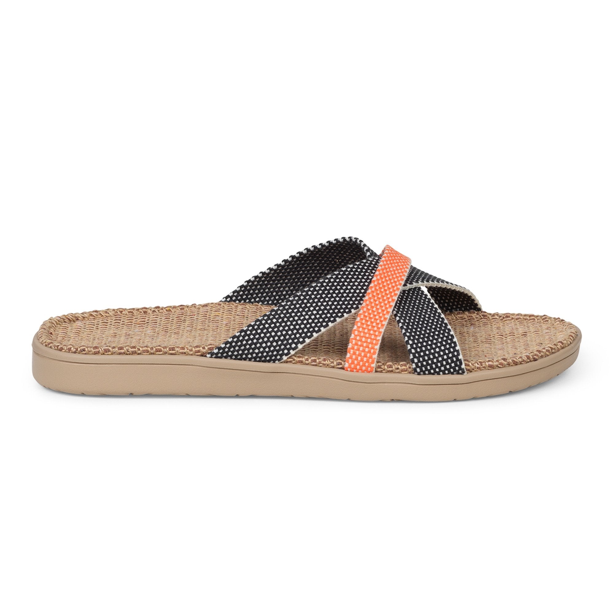 Sandal with woven cotton straps. The comfortable inner sole is covered with soft natural jute material.