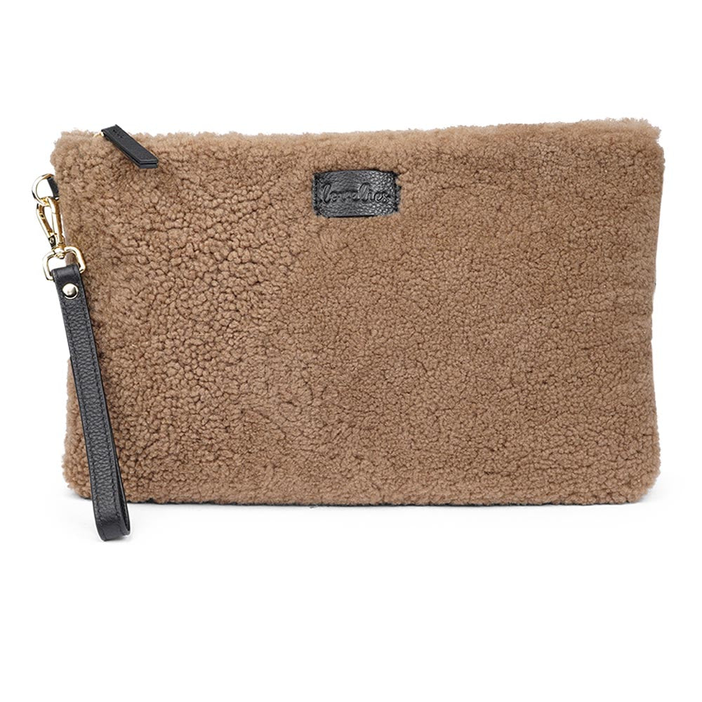 Lovelies Studio Wujii is a large shearling clutch which has room enough for your Ipad and notebooks . Wujii is hand made from the finest curly shearling from Australia.  Top zipped closing   Detachable wrist strap   Satin lining and flat zipped inner pocket   Item comes with a branded dust bag.   Embossed Lovelies logo on the front   Gold-toned hardware   Measurements W34 X D2 X H22 cm   100 % Australian curly shearling 