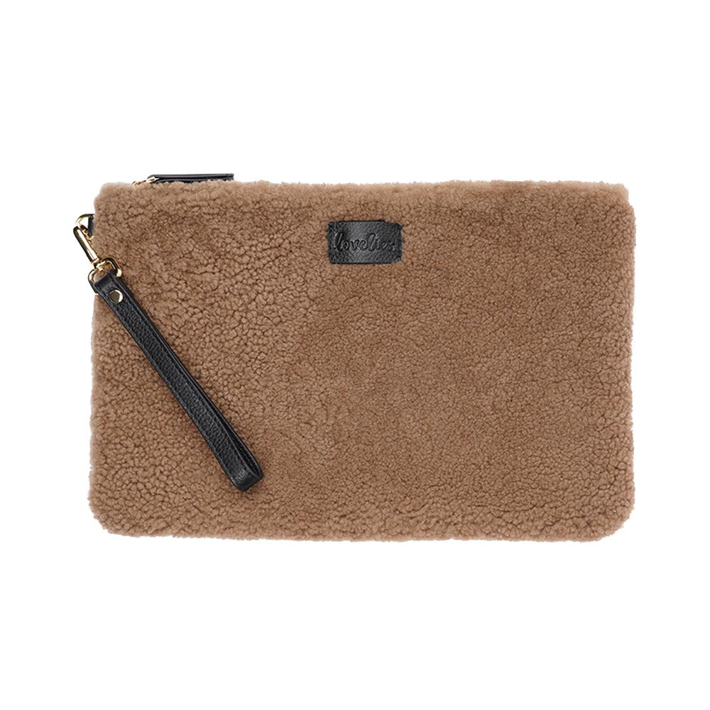 Lovelies Studio Wujii is a large shearling clutch which has room enough for your Ipad and notebooks . Wujii is hand made from the finest curly shearling from Australia. Top zipped closing Detachable wrist strap Satin lining and flat zipped inner pocket Item comes with a branded dust bag. Embossed Lovelies logo on the front Gold-toned hardware Measurements W34 X D2 X H22 cm 100 % Australian curly shearling