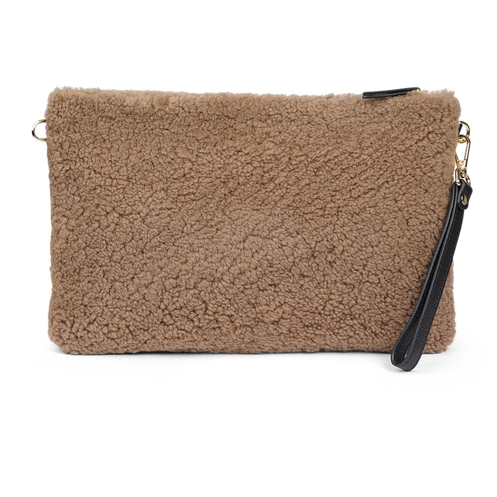 Lovelies Studio Wujii is a large shearling clutch which has room enough for your Ipad and notebooks . Wujii is hand made from the finest curly shearling from Australia. Top zipped closing Detachable wrist strap Satin lining and flat zipped inner pocket Item comes with a branded dust bag. Embossed Lovelies logo on the front Gold-toned hardware Measurements W34 X D2 X H22 cm 100 % Australian curly shearling