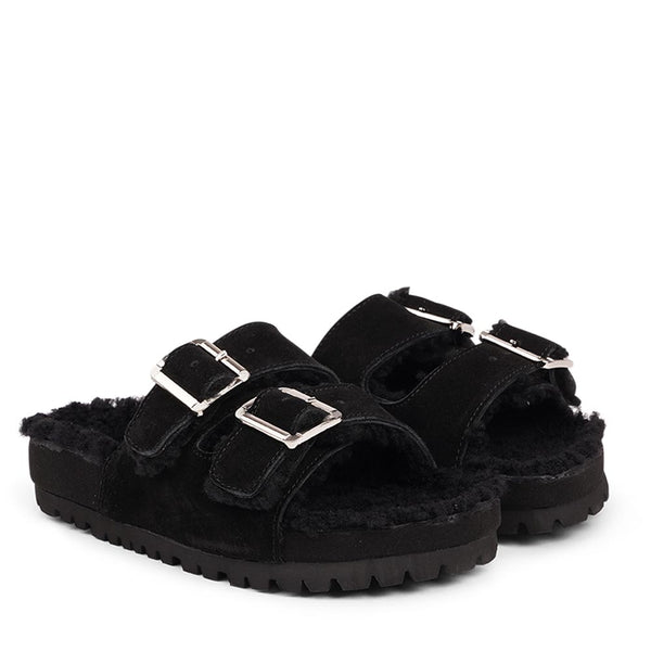 Lovelies Studio - Adjustable suede sandals with shearling lining  Lovelies shearling sandals will bring softness and warmth to your feet this autumn. The combination of soft shearling and the durable cork and rubber sole guarantees the utmost comfort to the wearer.
