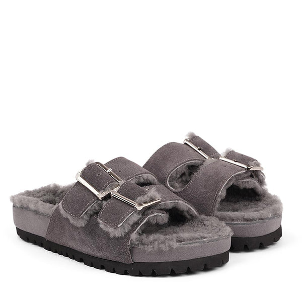 Lovelies Studio - Adjustable suede sandals with shearling lining  Lovelies shearling sandals will bring softness and warmth to your feet this autumn. The combination of soft shearling and the durable cork and rubber sole guarantees the utmost comfort to the wearer.
