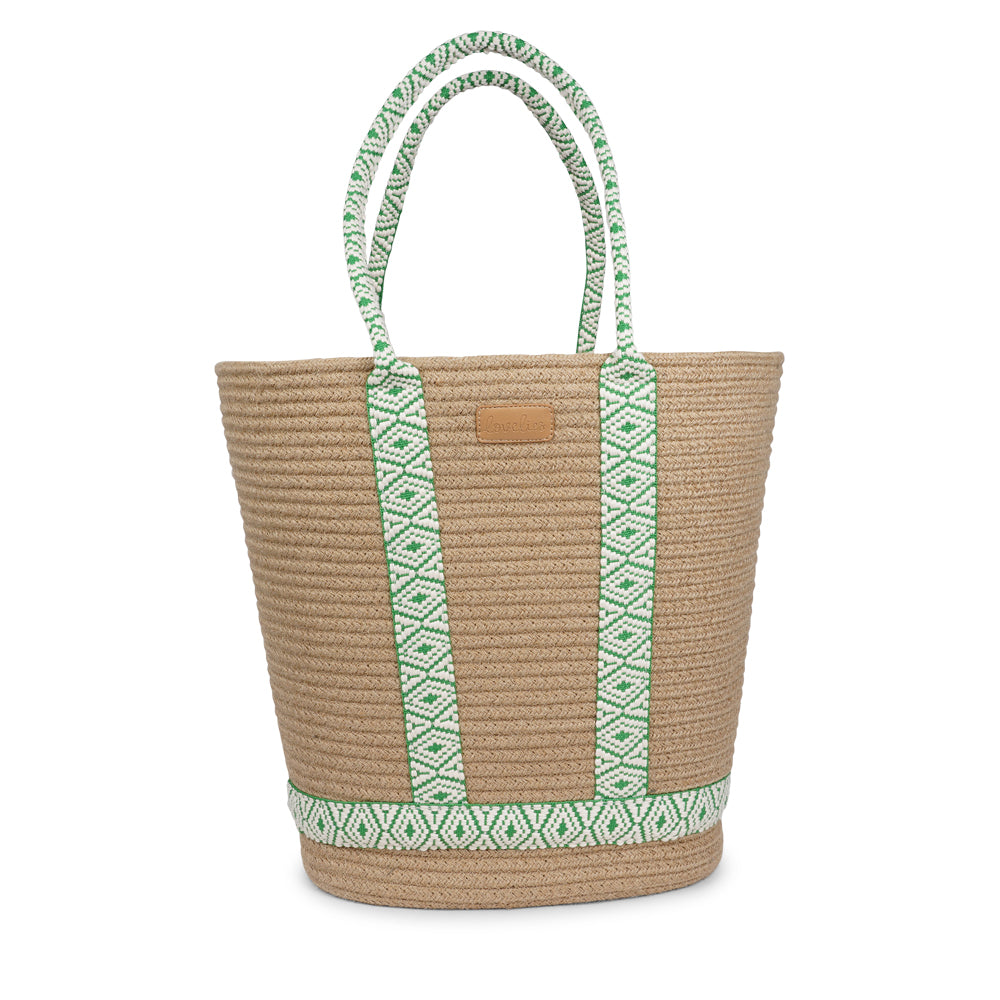 This chic and practical carryall blends natural materials with a vibrant touch of pattern. Crafted from sturdy rope in a warm neutral shade, it showcases eye-catching, colorful woven webbing straps that enhance both its style and structure. Lightweight and roomy, it's ideal for beach days, market visits, or carrying everyday essentials.