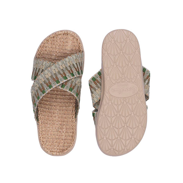 Summer sandals from danish brand Lovelies. The rubber sole is nice and soft which makes the sandal very comfortable. The inner sole is covered with woven jute and the straps are med of fine cotton. Sandal with woven straps. Harmal sandal from Lovelies in Denmark. The beautiful sandal is made of a soft rubber sole with natural jute and woven cotton straps.The soft inner sole is covered with jute.