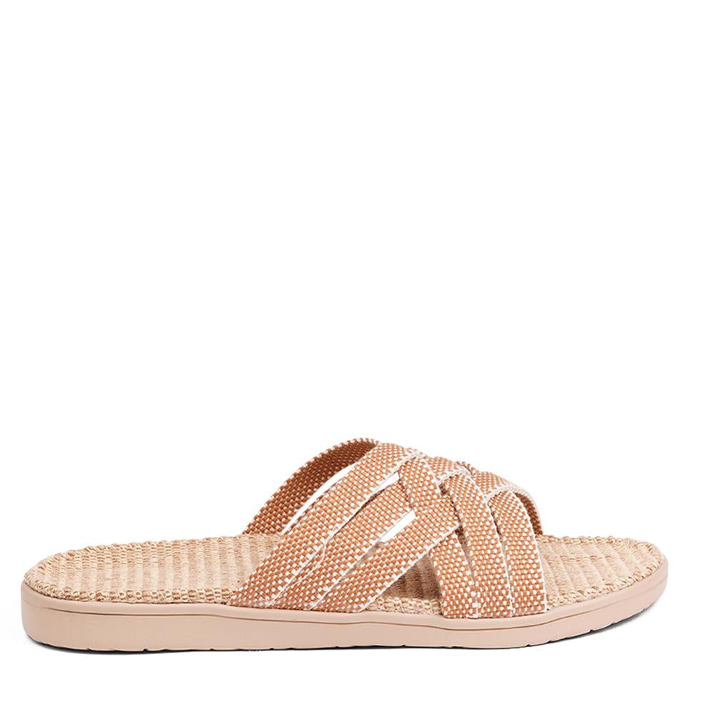 This sumptuous sandal is composed of luxuriantly soft and resilient gum rubber, with a natural jute innersole. The closely woven cotton straps infuse a delicate and fanciful aesthetic, providing an effortless sophistication for any ensemble.