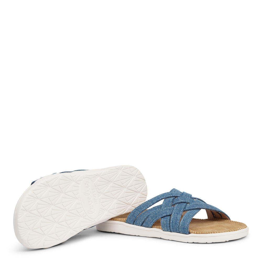 Lovelies Studio - Matara sandal, drawing inspiration from the stunning coasts of Sri Lanka.  This sandal is a luxurious treat, featuring durable rubber embraced by velvety suede. With delicate denim straps adding a playful flair, it effortlessly enhances any ensemble. It's the ultimate blend of chic and trendy style