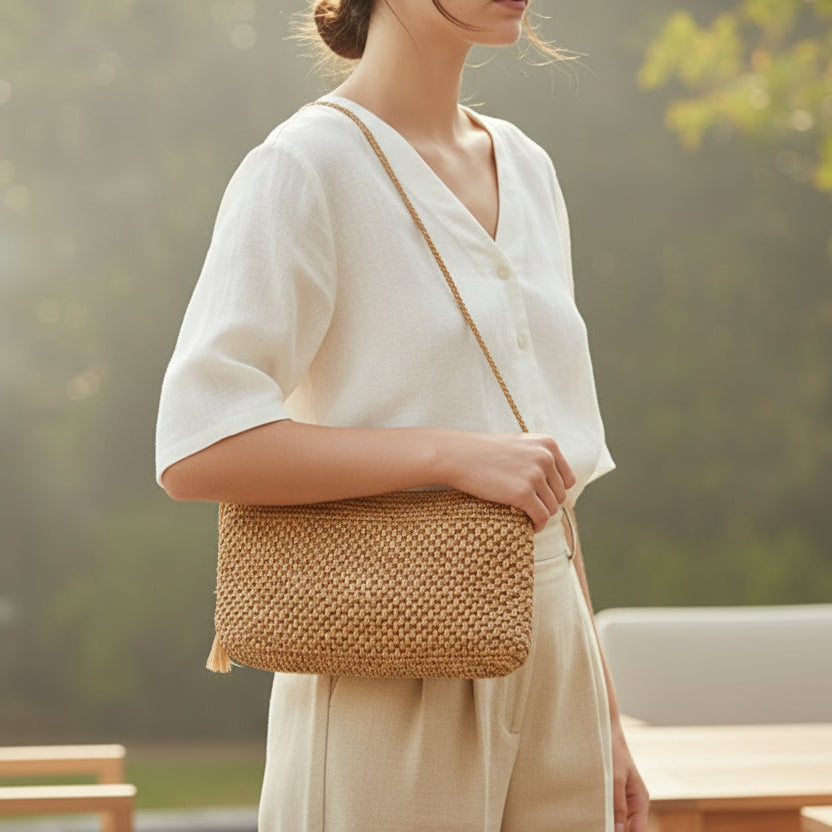Lovelies Studio - Denmark - Meliso, the little charming clutch fashioned from luxurious raffia sourced from Madagascar.  Raffia, derived from the resilient leaves of the palm tree, is celebrated for its versatility and eco-conscious qualities, making it a sought-after material in the realm of fashion accessories.