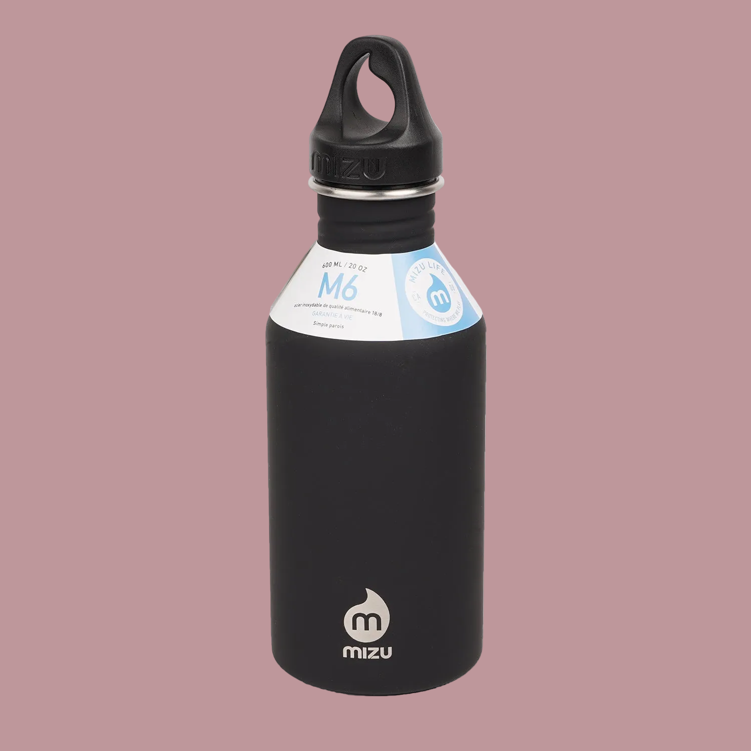 600 ml single wall stainless steel bottle with a black loop cap.  The M6 stainless steel bottle from Mizu has the perfect size and will fit perfect in your car or in your sports bag.  Insulated: No Material: Stainless steel (18/8) BRA free Volume: 20 oz / 600 ml Height:  215 mm Diameter: 70 mm Weight:  180 gr Fits in a cup holder: Yes We just love the mantra at Mizu which goes like this: Enjoy the journey. Leave nothing behind.
