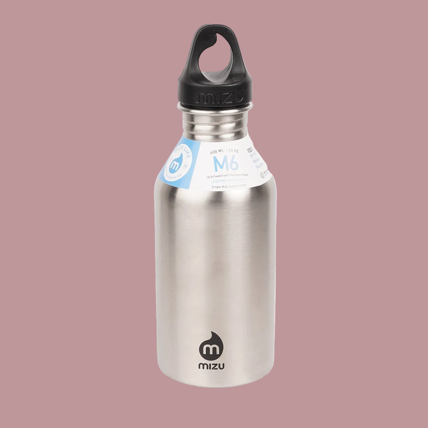 600 ml single wall stainless steel bottle with a black loop cap.  The M6 stainless steel bottle from Mizu has the perfect size and will fit perfect in your car or in your sports bag.  Insulated: No Material: Stainless steel (18/8) BRA free Volume: 20 oz / 600 ml Height:  215 mm Diameter: 70 mm Weight:  180 gr Fits in a cup holder: Yes We just love the mantra at Mizu which goes like this: Enjoy the journey. Leave nothing behind.