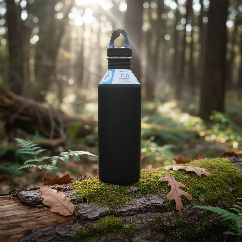 800 ml single wall stainless steel bottle with a black loop cap.  The M8 stainless steel bottle from Mizu has the perfect size and will fit perfect in your car or in your sports bag.