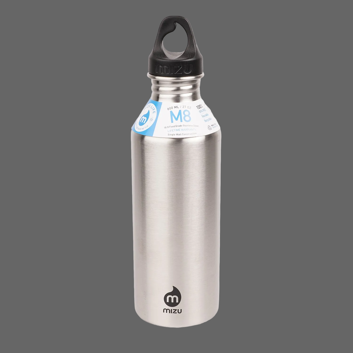 800 ml single wall stainless steel bottle with a black loop cap.  The M8 stainless steel bottle from Mizu has the perfect size and will fit perfect in your car or in your sports bag.