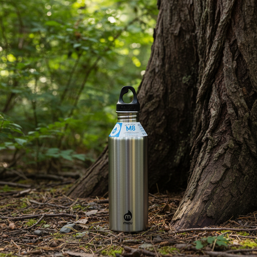 800 ml single wall stainless steel bottle with a black loop cap.  The M8 stainless steel bottle from Mizu has the perfect size and will fit perfect in your car or in your sports bag.