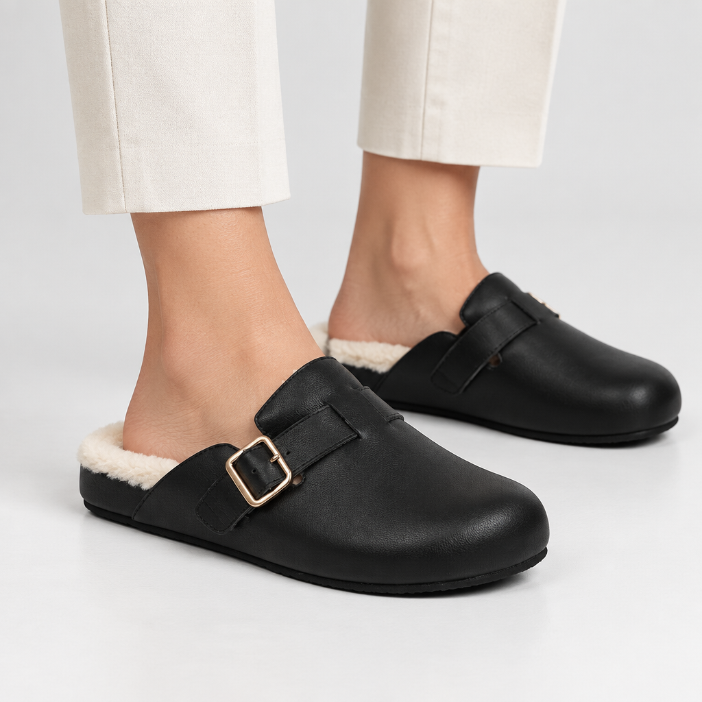 Nesso - Leather Mules with curly shearling Lining