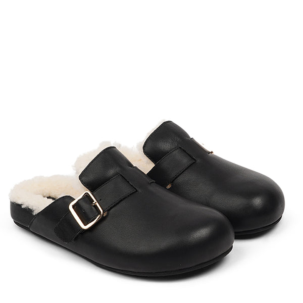 Lovelies Studio - Leather Mules with adjustable buckle and curly shearling lining  Lovelies shearling mules will bring softness and warmth to your feet this winter. The combination of soft curly shearling and the durable rubber sole guarantees the utmost comfort to the wearer.
