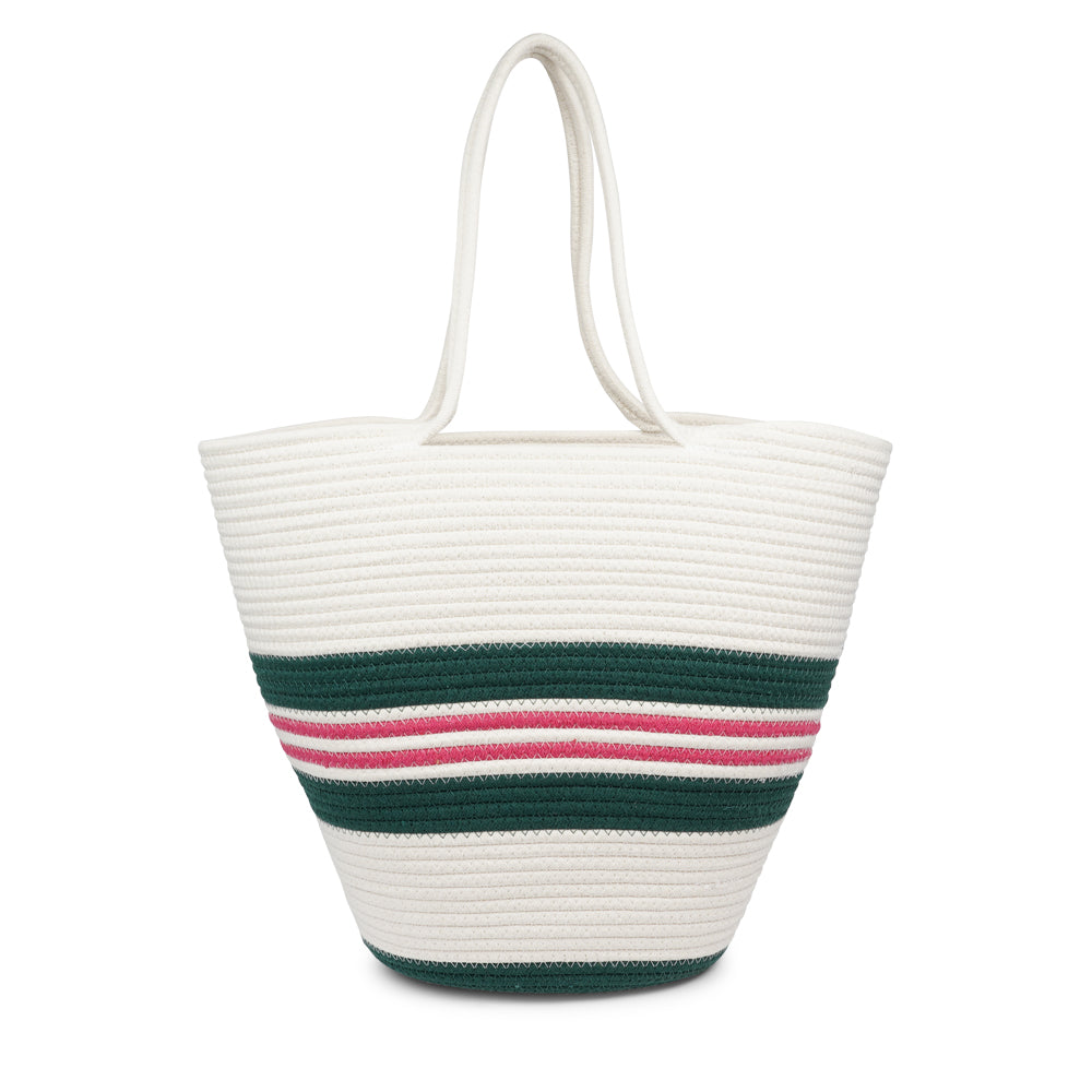Lovelies Studio - Meet the SILVI beach bag - it's all about simple, laid-back cool. Crafted from sturdy cotton ropes, this bag is built to last and adds a touch of natural charm to your beach essentials. The SILVI keeps it sleek with a clean white top, oozing effortless style. But it's got a playful side too, with a belt of colors and a matching solid color bottom that really makes it stand out.