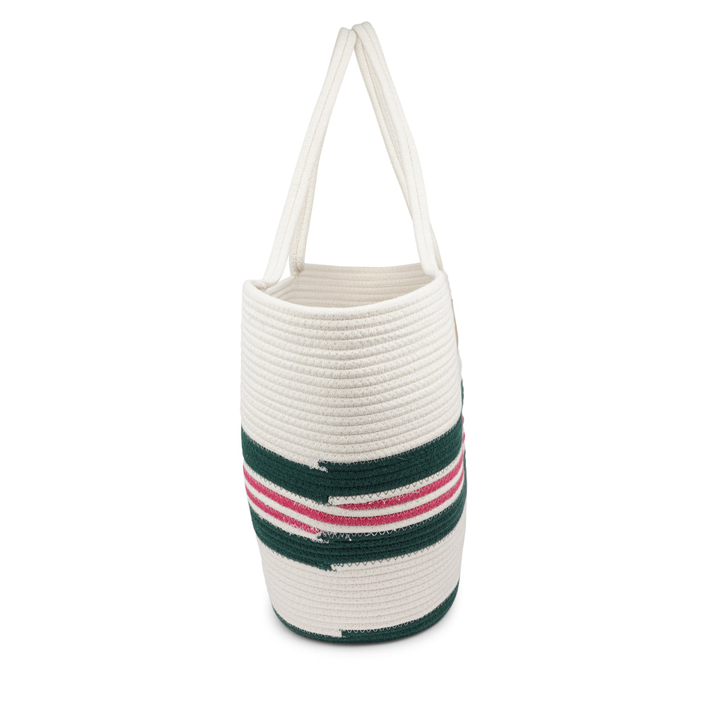 Lovelies Studio - Meet the SILVI beach bag - it's all about simple, laid-back cool. Crafted from sturdy cotton ropes, this bag is built to last and adds a touch of natural charm to your beach essentials. The SILVI keeps it sleek with a clean white top, oozing effortless style. But it's got a playful side too, with a belt of colors and a matching solid color bottom that really makes it stand out.