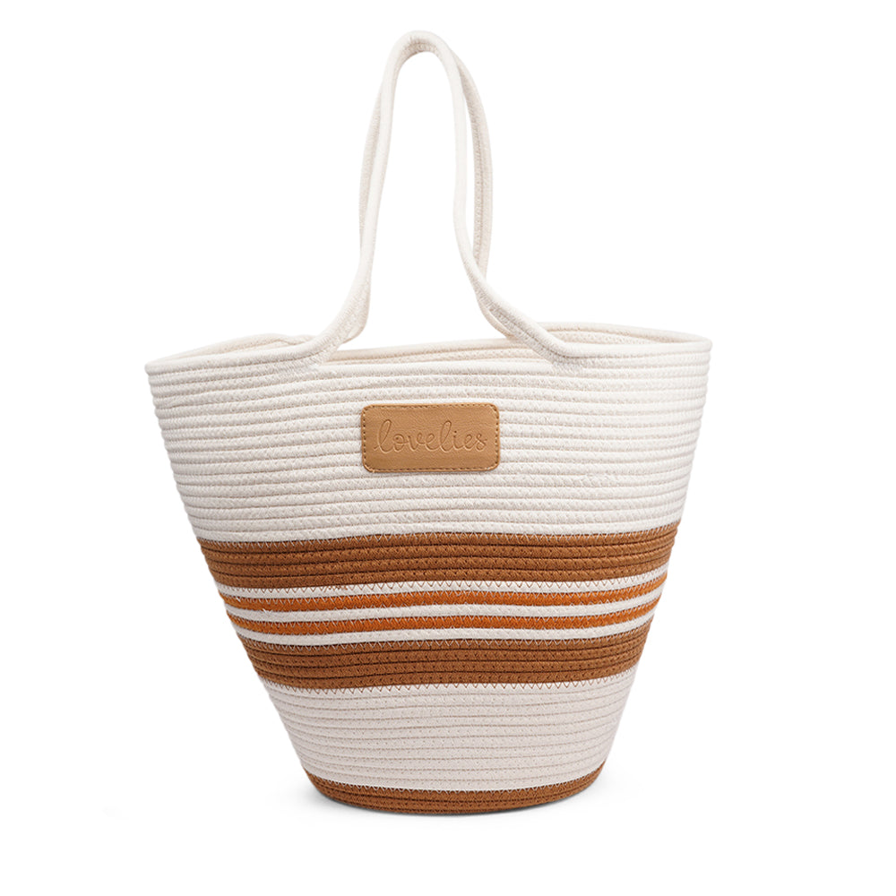 Lovelies Studio - Meet the SILVI beach bag - it's all about simple, laid-back cool. Crafted from sturdy cotton ropes, this bag is built to last and adds a touch of natural charm to your beach essentials. The SILVI keeps it sleek with a clean white top, oozing effortless style. But it's got a playful side too, with a belt of colors and a matching solid color bottom that really makes it stand out.