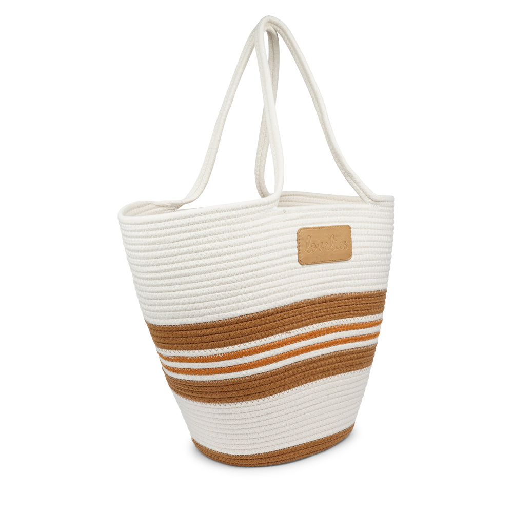 Lovelies Studio - Meet the SILVI beach bag - it's all about simple, laid-back cool. Crafted from sturdy cotton ropes, this bag is built to last and adds a touch of natural charm to your beach essentials. The SILVI keeps it sleek with a clean white top, oozing effortless style. But it's got a playful side too, with a belt of colors and a matching solid color bottom that really makes it stand out.