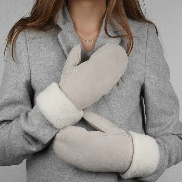 Lovelies Studio - The cozy Belukta mittens are made of 100% Australian double faced shearling.  The palm and upper are soft sheep skin and the beautiful cuff and the lining is curly sheep fur. The thumb is made with only one side sawing for the best comfort and style. Our Belukta mittens are extra long which means that you can fold and wear them in 4 different ways.