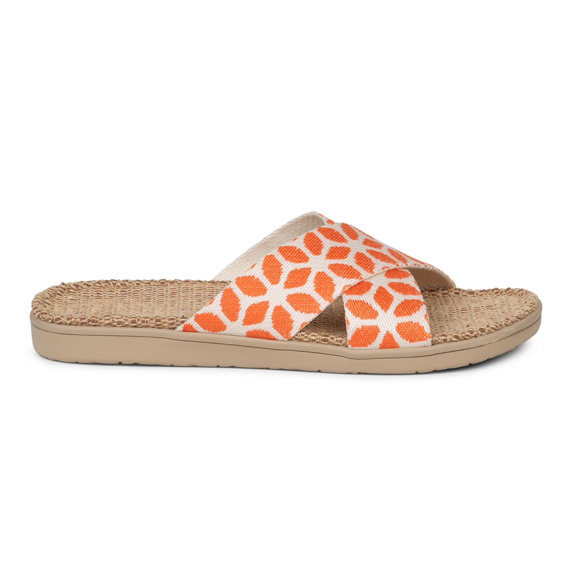 Sandal with flower patterns woven straps. The soft inner sole is covered with natural jute material.