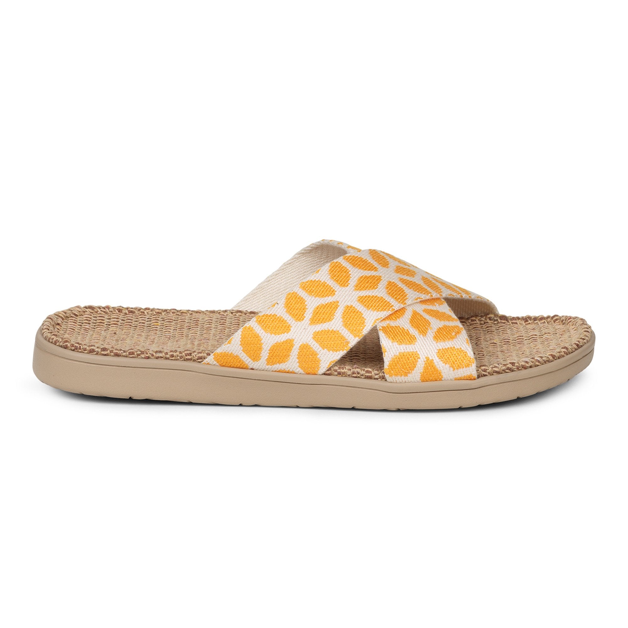 Sandal with flower patterns woven straps. The soft inner sole is covered with natural jute material.