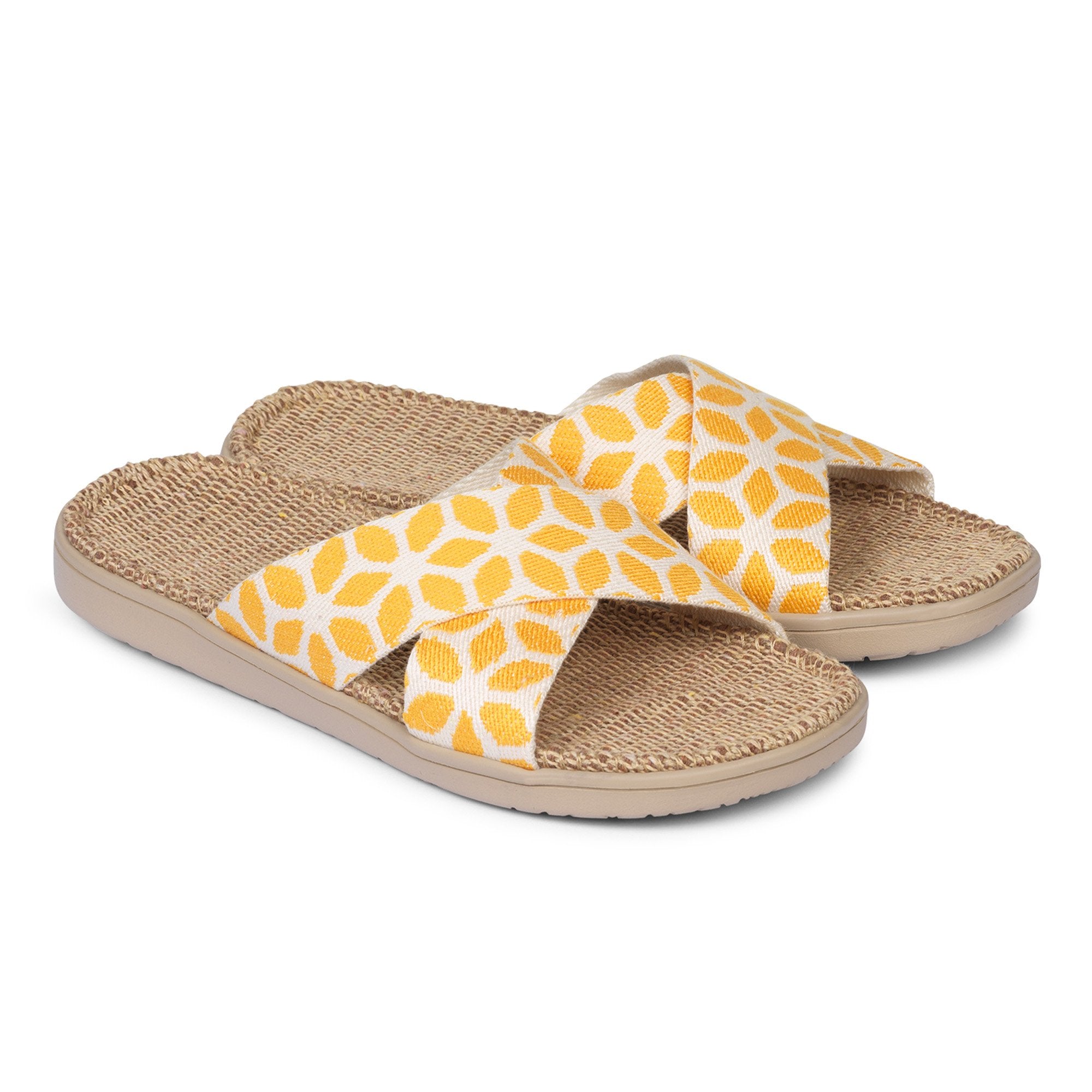 Sandal with flower patterns woven straps. The soft inner sole is covered with natural jute material.