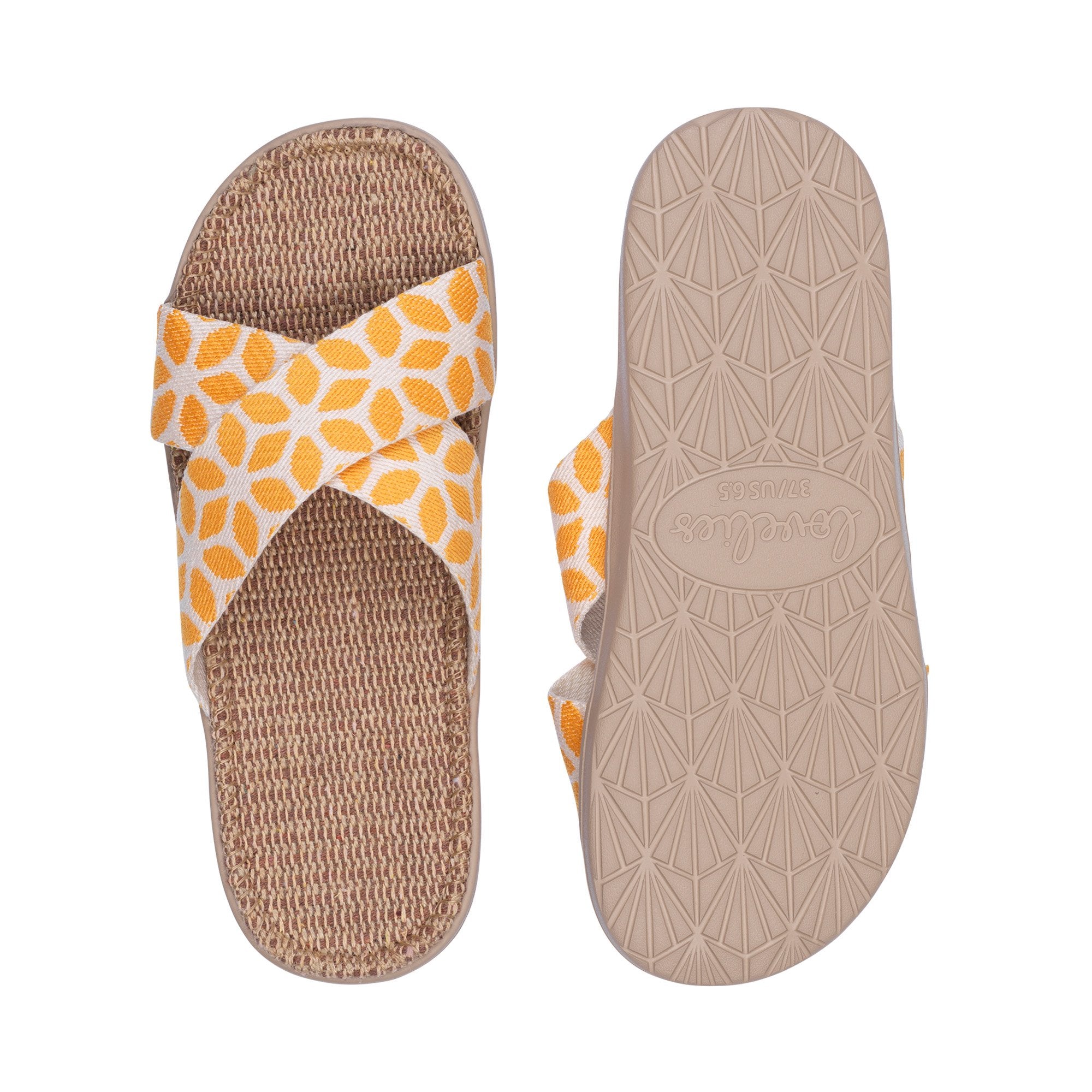 Sandal with flower patterns woven straps. The soft inner sole is covered with natural jute material.