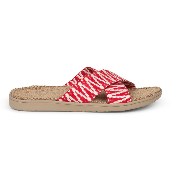 Sandal with woven straps. The soft inner sole is covered with jute.
